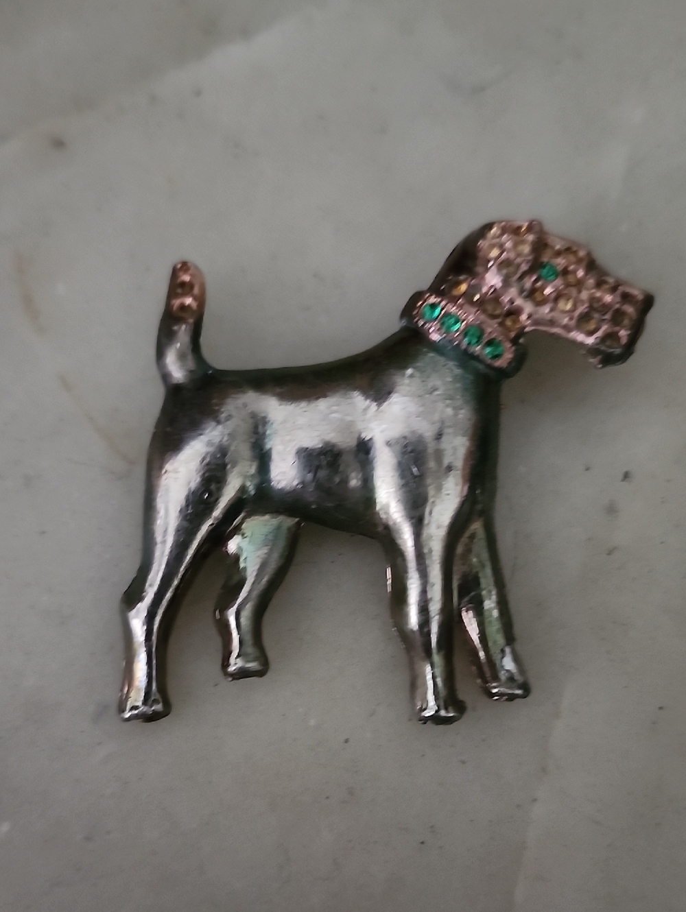 Silver Tone Dog Brooch Pin with Pink & Green Accents Vintage
